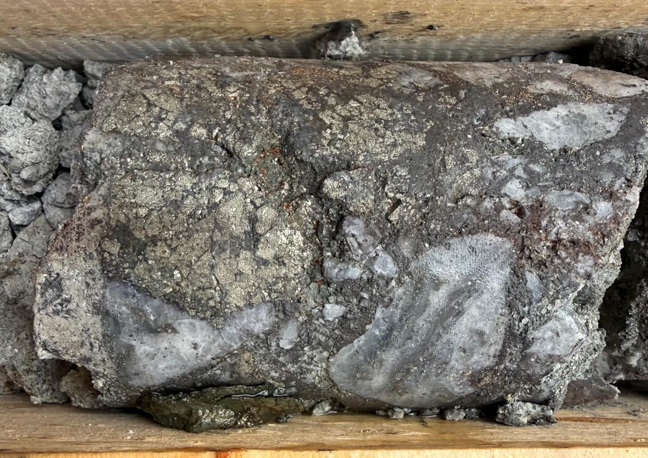 Drill core showing hydrothermal breccia with sulfide matrix